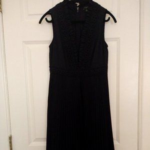 "Elegant Ann Taylor Size 0P Black Midi Dress - Pleated Skirt, Ruffled Trim, NWOT